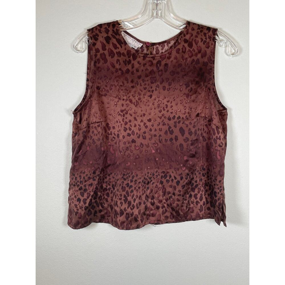 Vintage Maggy London Womens Top 12 Petite Brown Silk Animal Print Mob Wife 90s